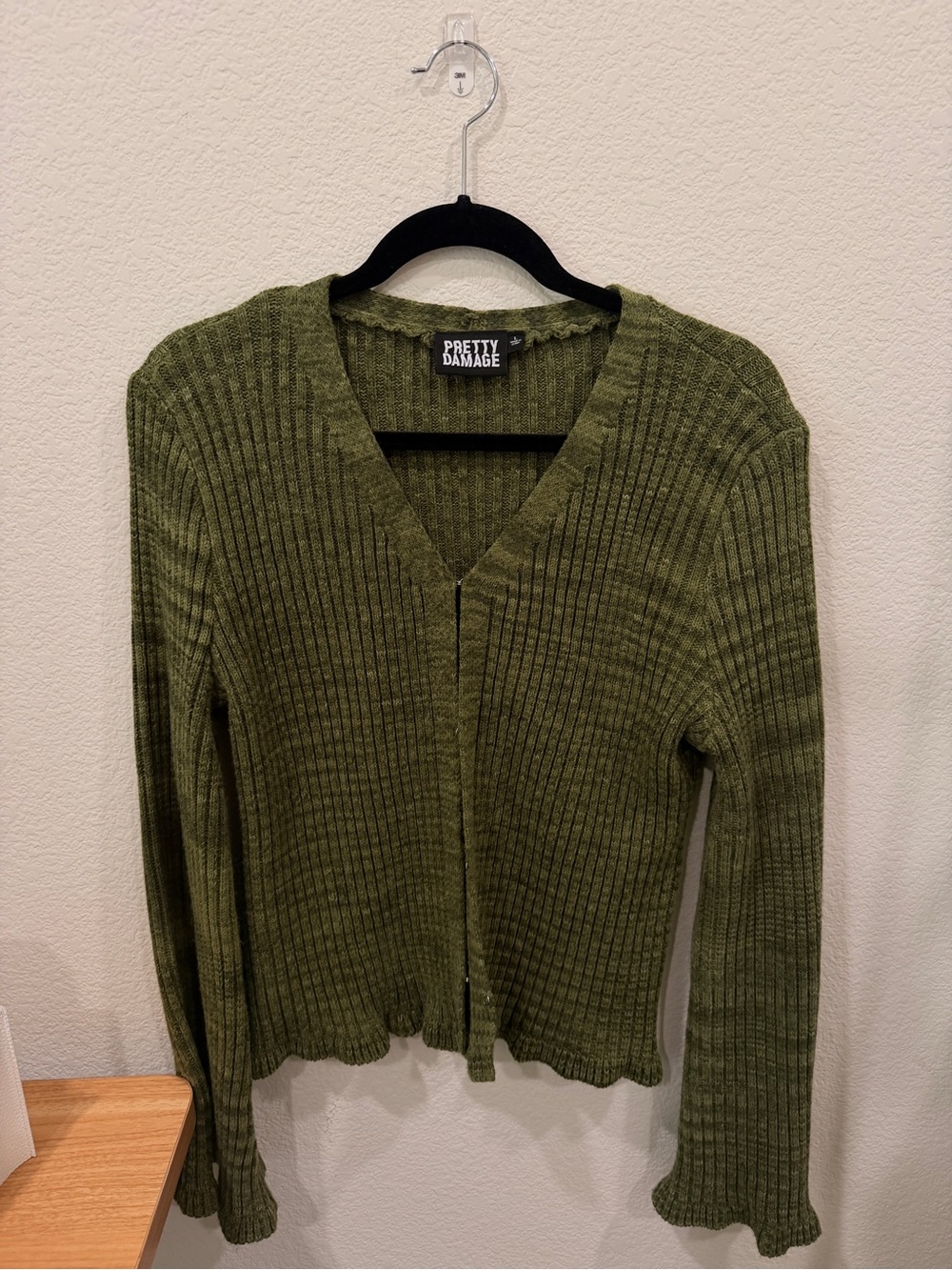 Pretty Damage Olive Ribbed V-Neck Women's Sweater